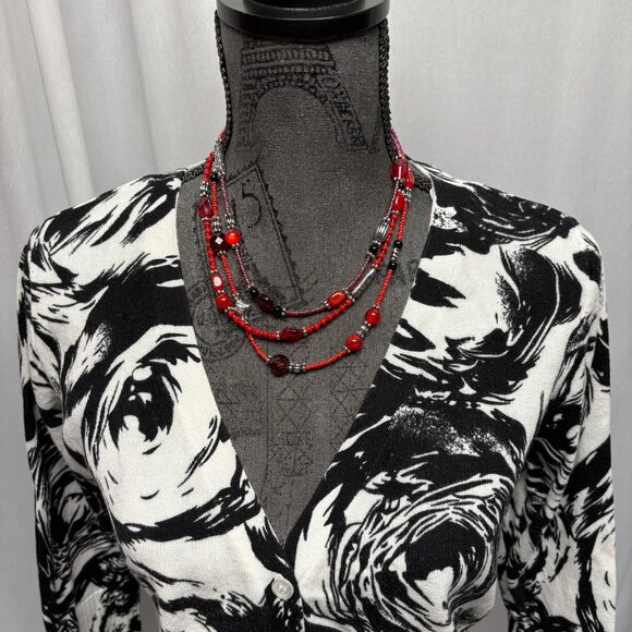 AB Studio Sweater Womens Size Large Black White Floral Button Front Cardigan - Picture 2 of 8